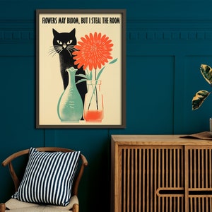 Black Cat Digital Print Funny Cat Poster Cute Kitten Illustration Cat Lover Gift Funny Wall Art Minimalistic Cat Poster 50s Silly Prints image 5