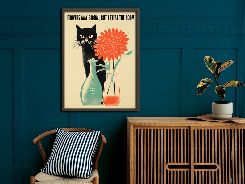 Black Cat Digital Print Funny Cat Poster Cute Kitten Illustration Cat Lover Gift Funny Wall Art Minimalistic Cat Poster 50s Silly Prints image 5