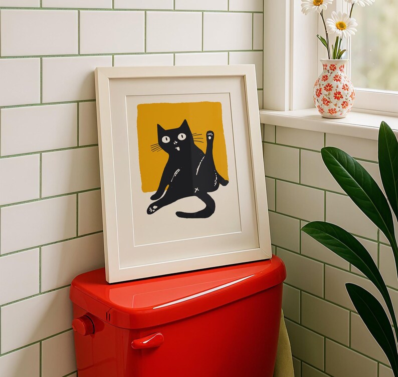 Funny Cat Print Bathroom Decor Minimal Bright Toilet Wall Art Black ...