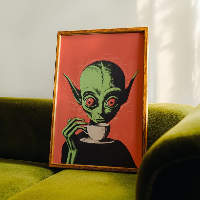 Retro Alien Coffee Art Print: Funny Sci-fi Kitchen Decor (digital ...