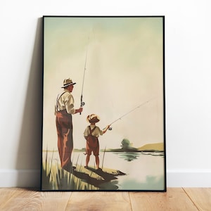 Retro Fishing Poster Printable Fisherman Wall Art Vintage Lake Art Print Dad and Son Art Gift for Dad Travel Poster Outdoorsy Wall Art