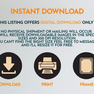 May include: An image with the text "INSTANT DOWNLOAD" in orange. Below, it states this listing offers a digital download only. Three black circles with icons for download, print, and frame are shown. The text also mentions downloadable images in specified sizes and 300 DPI resolution.