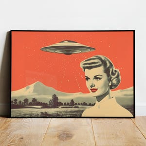 Funny Retro UFO Art Print – Vintage Alien Poster, Midcentury Wall Decor, Quirky Sci-Fi Art, Retro Home Office Print Digital Download