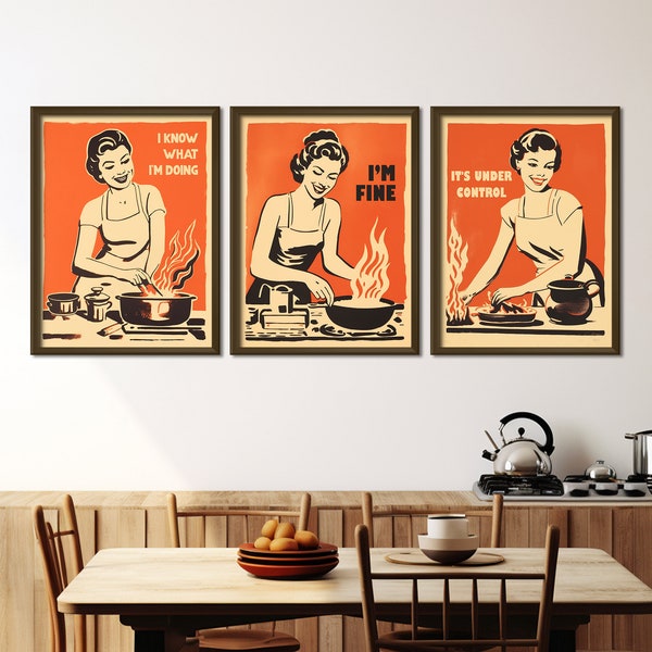 Retro Kitchen Print Set 50s Style Print Cooking Print Set Funny Kitchen Wall Art Funny Cooking Poster Print for Kitchen Art Dining Housewife