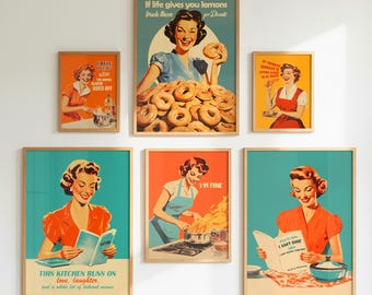 Set van 6 grappige keukenprints - retro huisvrouwposters digitale prints keukenkunst jaren 50-stijl