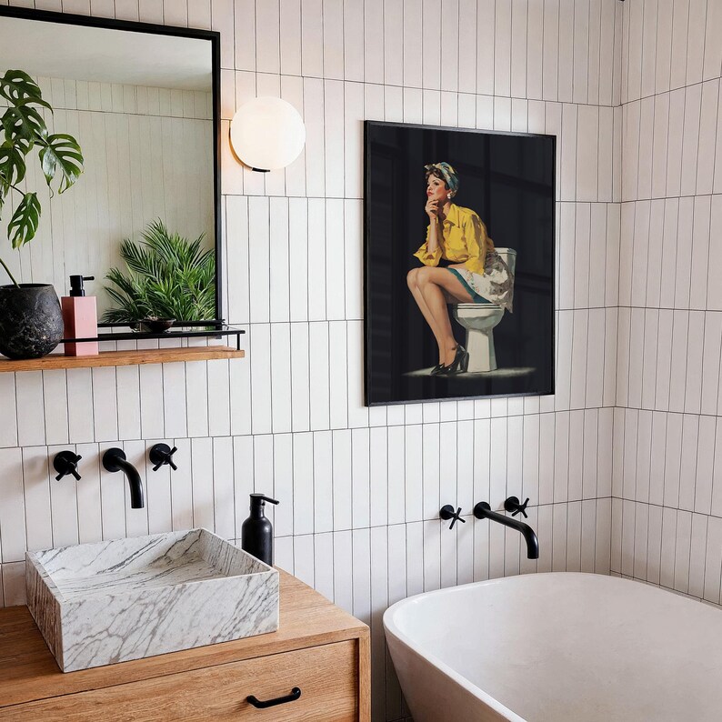 Funny retro style black and yellow toilet wall art with a retro pin-up lady sitting on a toilet, designed as funny bathroom art for restroom wall decor.