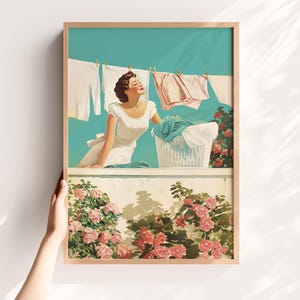 Retro Laundry Wall Art – Vintage Housewife Poster, Funny Cleaning Print, 50s Style Laundry Room Decor, Utility Room Decor, Digital Print