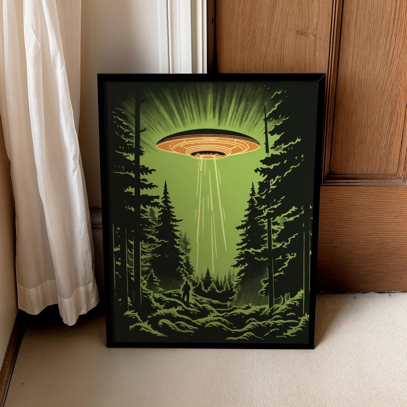 Midcentury Modern style Ufo in the forest print, retro sci-fi poster for nostalgic apartment decor.