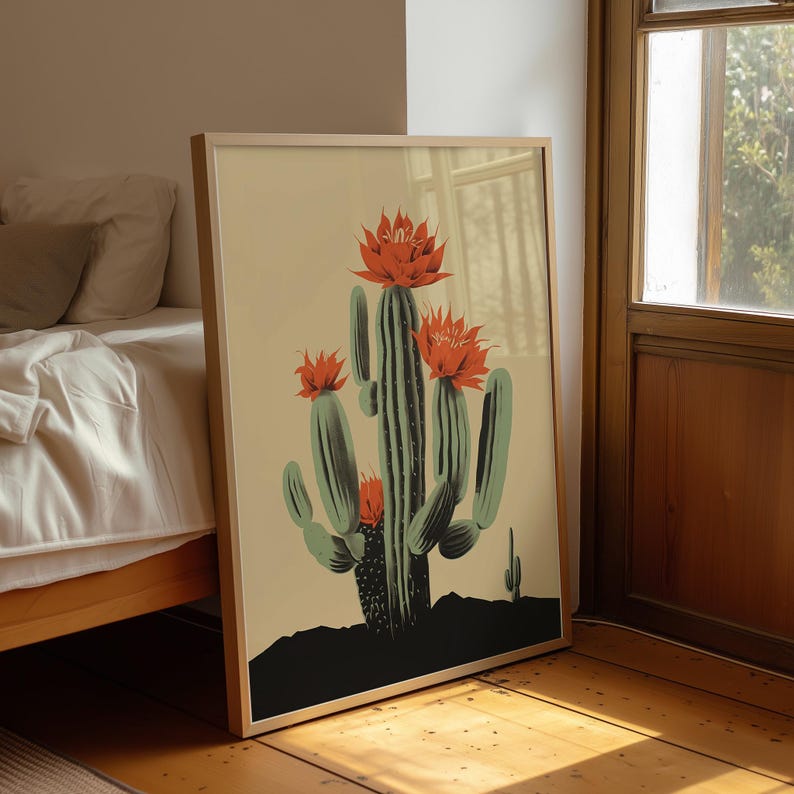 Saguaro art cactus print showing a blooming cactus with bright flowers, arizona art print in southwest wall art style, nature poster for desert decor art and succulent wall art.