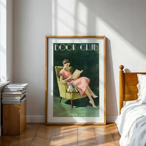 Book Club Wall Art – Retro Woman Reading Digital Print Cat, Vintage Book Lover Decor, Literary Poster, Reading Nook Printable