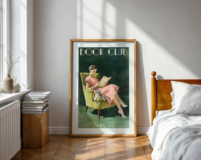Book Club Wall Art – Retro Woman Reading Digital Print Cat, Vintage Book Lover Decor, Literary Poster, Reading Nook Printable