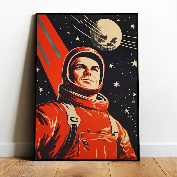 Gagarin In Space Print Cosmonaut Poster USSR Art Soviet Space Poster Soviet Retro Art Print Propaganda Poster Spaceman Print Space Travel