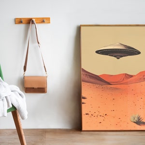 Retro Ufo Poster Alien Wall Art UFO Retro Print Hovering Ufo Flying Saucer Print Ufo over the Desert Art 1950s Ufo Art Alien Aesthetic Art