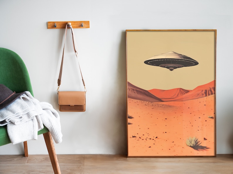 Retro Ufo Poster Alien Wall Art UFO Retro Print Hovering Ufo Flying Saucer Print Ufo over the Desert Art 1950s Ufo Art Alien Aesthetic Art