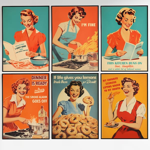 Funny Kitchen Print Set of 6 Retro Kitchen Print 50s Style Poster Set Kitchen Art Download Cooking Prints Backing Prints Kitchen Quote Print