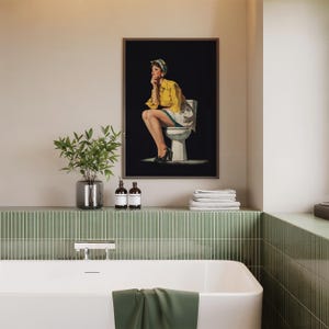 Funny retro style black and yellow toilet wall art with a retro pin-up lady sitting on a toilet, designed as funny bathroom art for restroom wall decor. Funny bathroom decor idea, mast have for your bathroom decor.