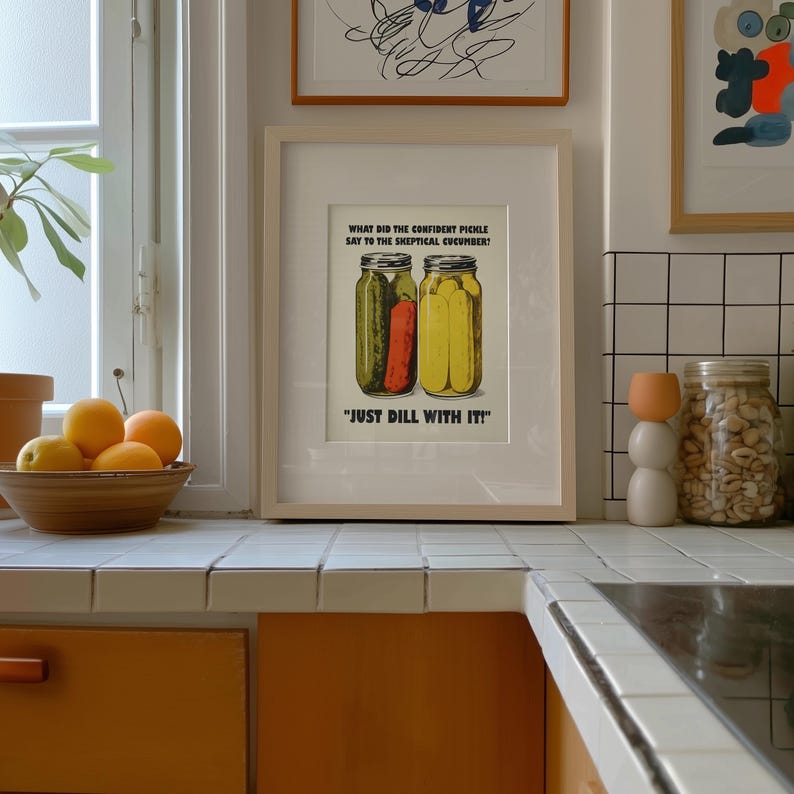 Retro-style digital art print of a green pickle jar with "Just Dill With It" text on a red background, styled as nostalgic kitchen wall decor.