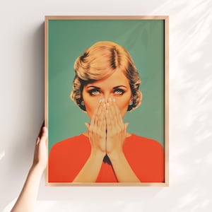 digital illustration of a retro 1950s style woman with blonde hair and blue eyes, wearing a vibrant red top against a teal background. She is holding her hands over her nose with a humorous, shocked expression, perfect for funny bathroom wall decor.