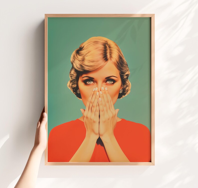 digital illustration of a retro 1950s style woman with blonde hair and blue eyes, wearing a vibrant red top against a teal background. She is holding her hands over her nose with a humorous, shocked expression, perfect for funny bathroom wall decor.