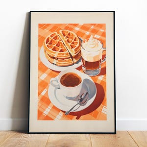 Retro Food Wall Print Coffee and Waffles Art Printable Kitchen Wall Art Cute Breakfast Print Coffee Shop Wall Decor Bakery Art Vintage Vibe