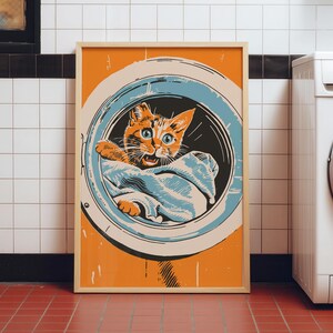 Midcentury modern illustration of a ginger cat inside a washing machine on an orange background, Utility Room or laundry room decor, laundry day poster, funny cat art, housewarming gift, mom gift idea.