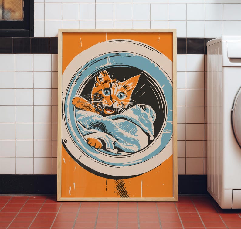 Midcentury modern illustration of a ginger cat inside a washing machine on an orange background, Utility Room or laundry room decor, laundry day poster, funny cat art, housewarming gift, mom gift idea.