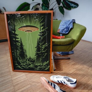 Midcentury Modern style Ufo in the forest print, retro sci-fi poster for nostalgic apartment decor.