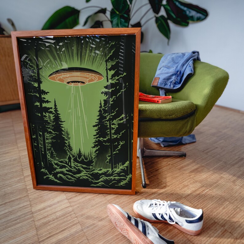 Midcentury Modern style Ufo in the forest print, retro sci-fi poster for nostalgic apartment decor.