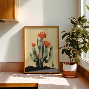 Saguaro art cactus print showing a blooming cactus with bright flowers, arizona art print in southwest wall art style, nature poster for desert decor art and succulent wall art.