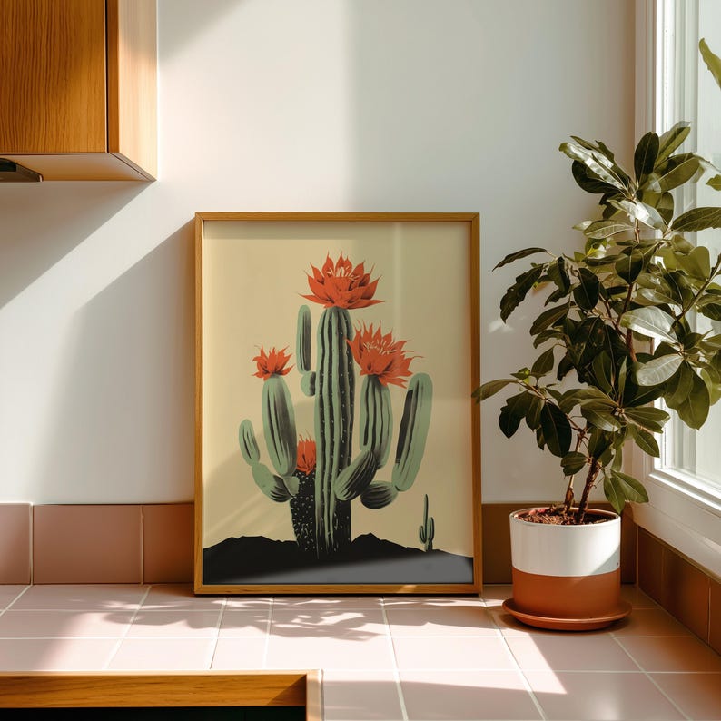 Saguaro art cactus print showing a blooming cactus with bright flowers, arizona art print in southwest wall art style, nature poster for desert decor art and succulent wall art.