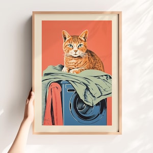 Laundry Room Cat Art Print, Funny Washing Machine Poster (Digital Print)