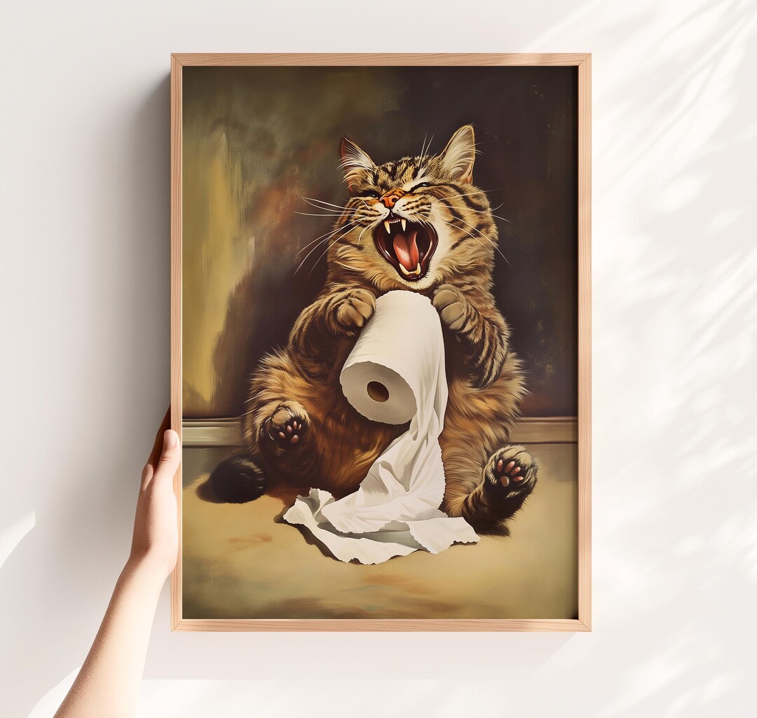Funny Bathroom Art Printable Tabby Cat Print Toilet Humor Poster Quirky ...