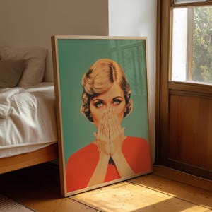 digital illustration of a retro 1950s style woman with blonde hair and blue eyes, wearing a vibrant red top against a teal background. She is holding her hands over her nose with a humorous, shocked expression, perfect for funny bathroom wall decor.