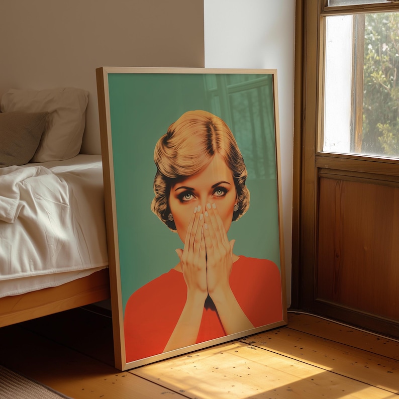 digital illustration of a retro 1950s style woman with blonde hair and blue eyes, wearing a vibrant red top against a teal background. She is holding her hands over her nose with a humorous, shocked expression, perfect for funny bathroom wall decor.