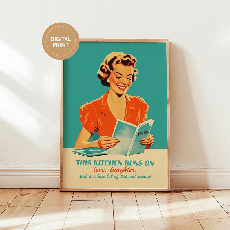 Digital print of 1950s retro housewife art in midcentury kitchen setting, atomic age decor style, kitschy relatable print for apartment decor wall art.
