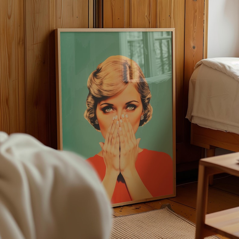 digital illustration of a retro 1950s style woman with blonde hair and blue eyes, wearing a vibrant red top against a teal background. She is holding her hands over her nose with a humorous, shocked expression, perfect for funny bathroom wall decor.