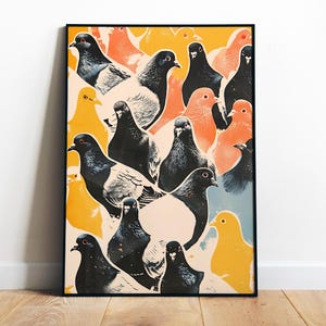 Arte de pared retro con palomas, impresiones divertidas para imprimir en el baño, póster de pájaros, decoración de pared para el baño, decoración divertida para el hogar con palomas, arte con caca