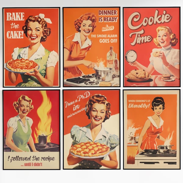 Retro Kitchen Print Set of 6 Funny Retro Prints Kitchen Wall Art 50s 60s Style Poster Set Kitchen Art Download Cooking Prints Backing Prints