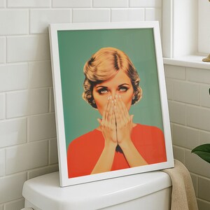 Humorous digital art of a vintage 1950s blonde woman in a red shirt holding her nose against a teal background; ideal for kitsch toilet decor or funny "stinky" bathroom wall styling.