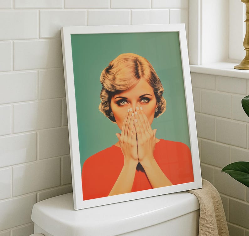 Humorous digital art of a vintage 1950s blonde woman in a red shirt holding her nose against a teal background; ideal for kitsch toilet decor or funny "stinky" bathroom wall styling.