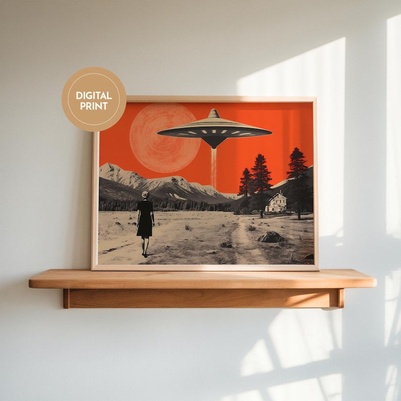 Vintage-style desert scene with a woman facing a hovering UFO near a small house, designed as a UFO poster with retro sci fi art and alien invasion art appeal.