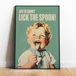 Arte de cocina divertido, póster imprimible de cocina retro, póster de niño feliz, regalo de cocinero de cocina, impresión digital de cocina azul, póster vintage para hijo