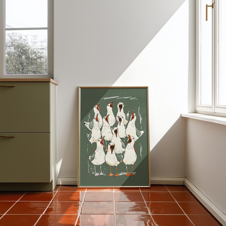 Illustration of a shouting seagull flock — seagull print, funny bathroom art, toilet wall art, sea bird decor.