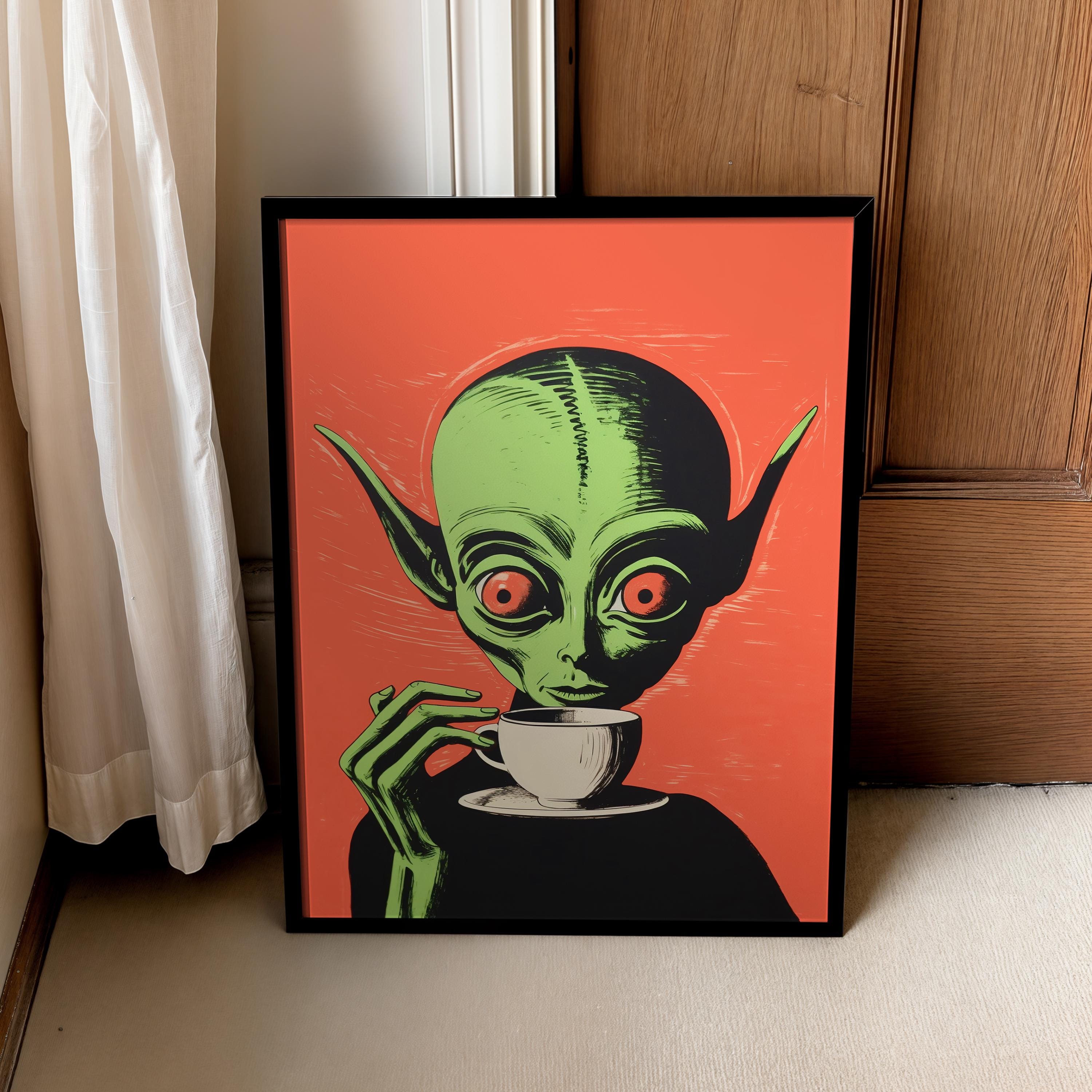 Retro Alien Coffee Art Print: Funny Sci-fi Kitchen Decor (digital ...