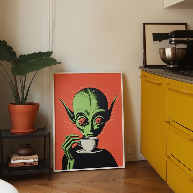 Retro Alien Coffee Art Print: Funny Sci-fi Kitchen Decor (digital ...