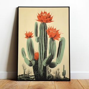 Blühender Kaktus Druck Retro Wandkunst Rote Blumendruck Mexikanischen Kaktus Vintage Druck Großer Kaktus Poster Dessert Kunst Mexikanischen Druck Blumenkunst