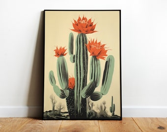 Blooming Cactus Print Retro Wall Art Red Flower Print Mexican Cactus Vintage Print Large Cactus Poster Dessert Art Mexican Print Floral Art