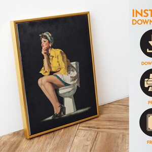 Retro pin-up style woman in yellow blouse sitting on a toilet, vintage bathroom humor wall art. Retro Bathroom Art – Pin‑Up Woman on Toilet Art Print, Funny Black Bathroom Wall Decor, Funny Retro Poster for Restroom or Apartment