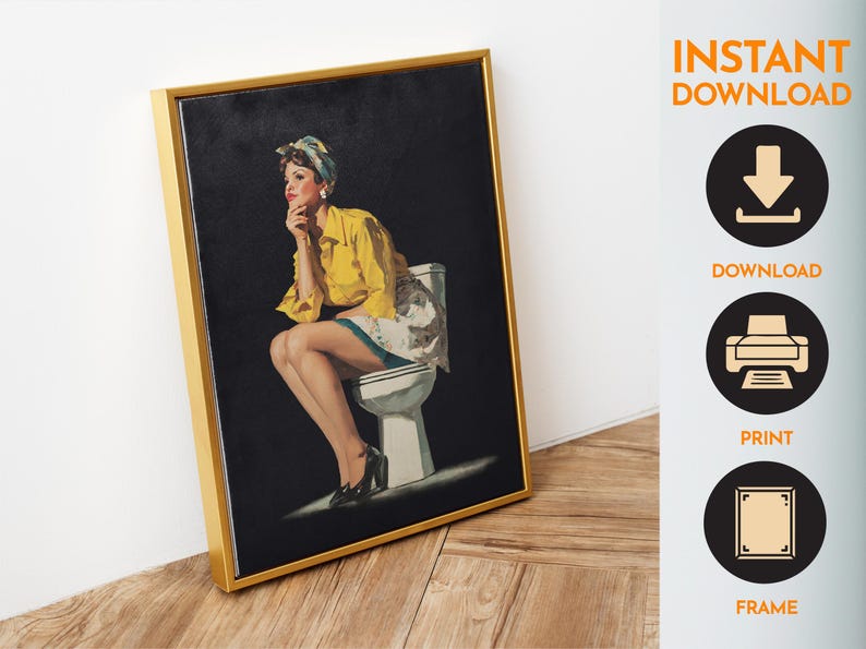 Retro pin-up style woman in yellow blouse sitting on a toilet, vintage bathroom humor wall art. Retro Bathroom Art – Pin‑Up Woman on Toilet Art Print, Funny Black Bathroom Wall Decor, Funny Retro Poster for Restroom or Apartment