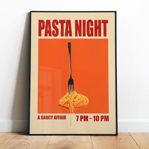 Stampa della serata della pasta, arte culinaria retrò, stampa moderna di metà secolo, arte murale della cucina, poster di spaghetti, arte digitale della cucina, decorazione per cena, arte della pasta